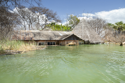 A large building submerged in water