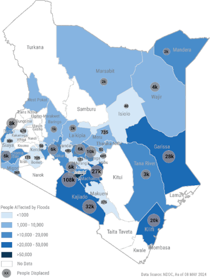 infographic showing that many regions of Kenya are severely affected by the floods and that many thousands of people have been displaced